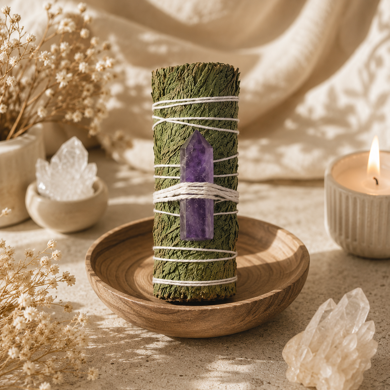 Cedar Smudge Bundle with Amethyst Crystal Point - Image 3