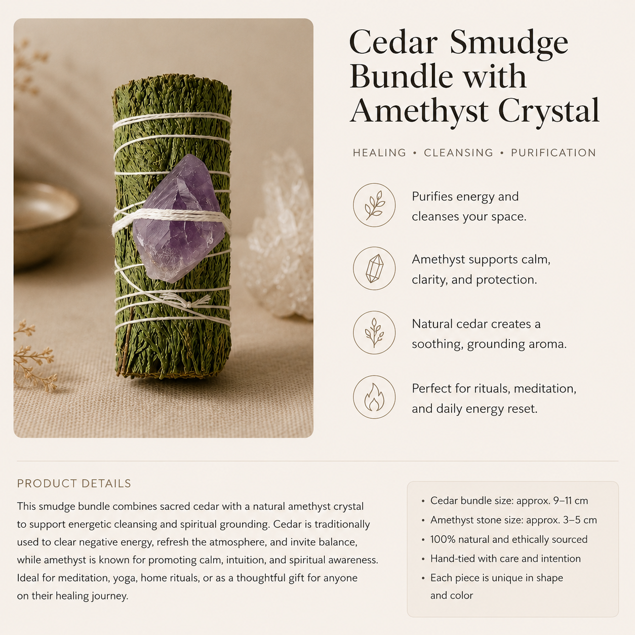 Cedar Smudge Bundle with Raw Amethyst Crystal - Image 2