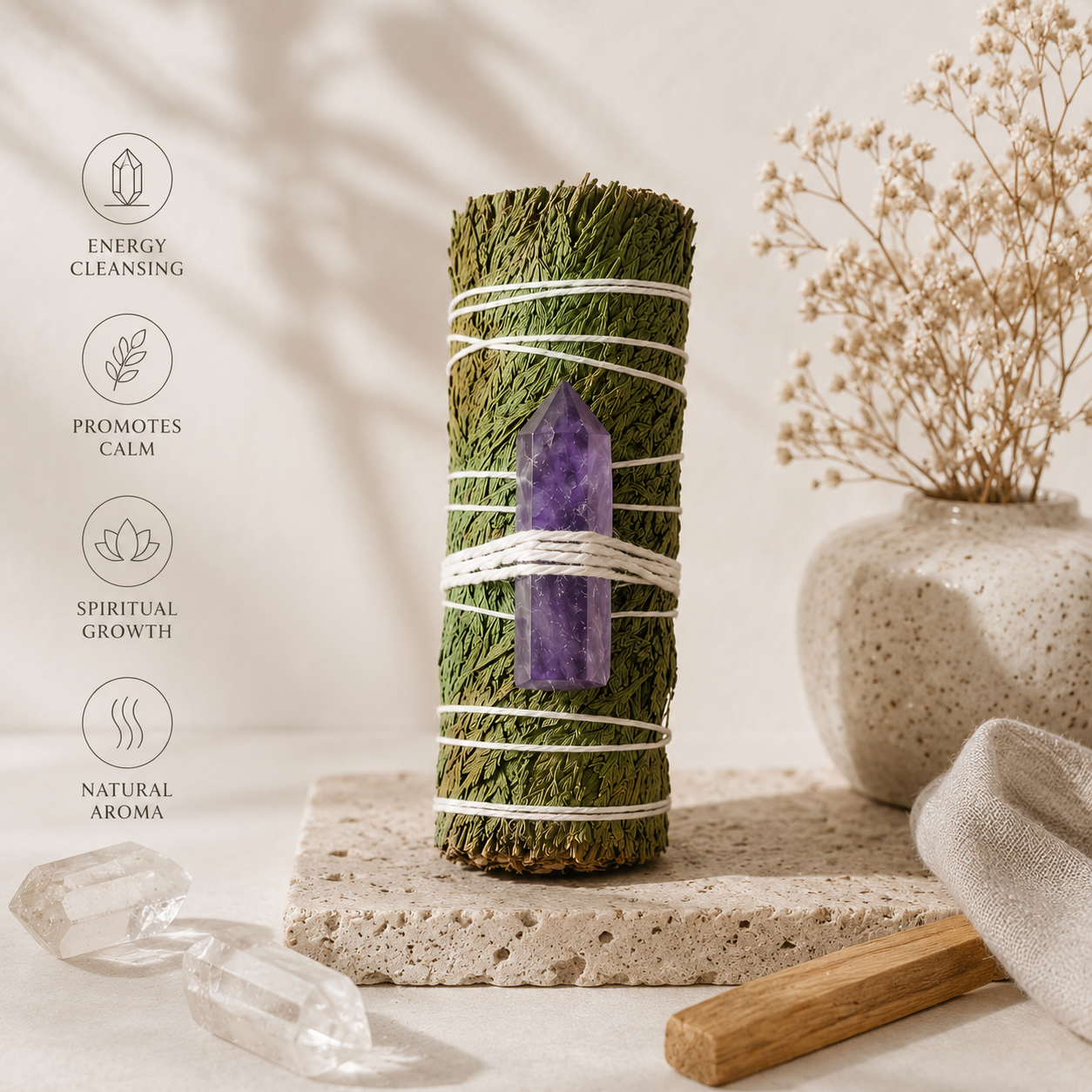 Cedar Smudge Bundle with Amethyst Crystal Point - Image 2