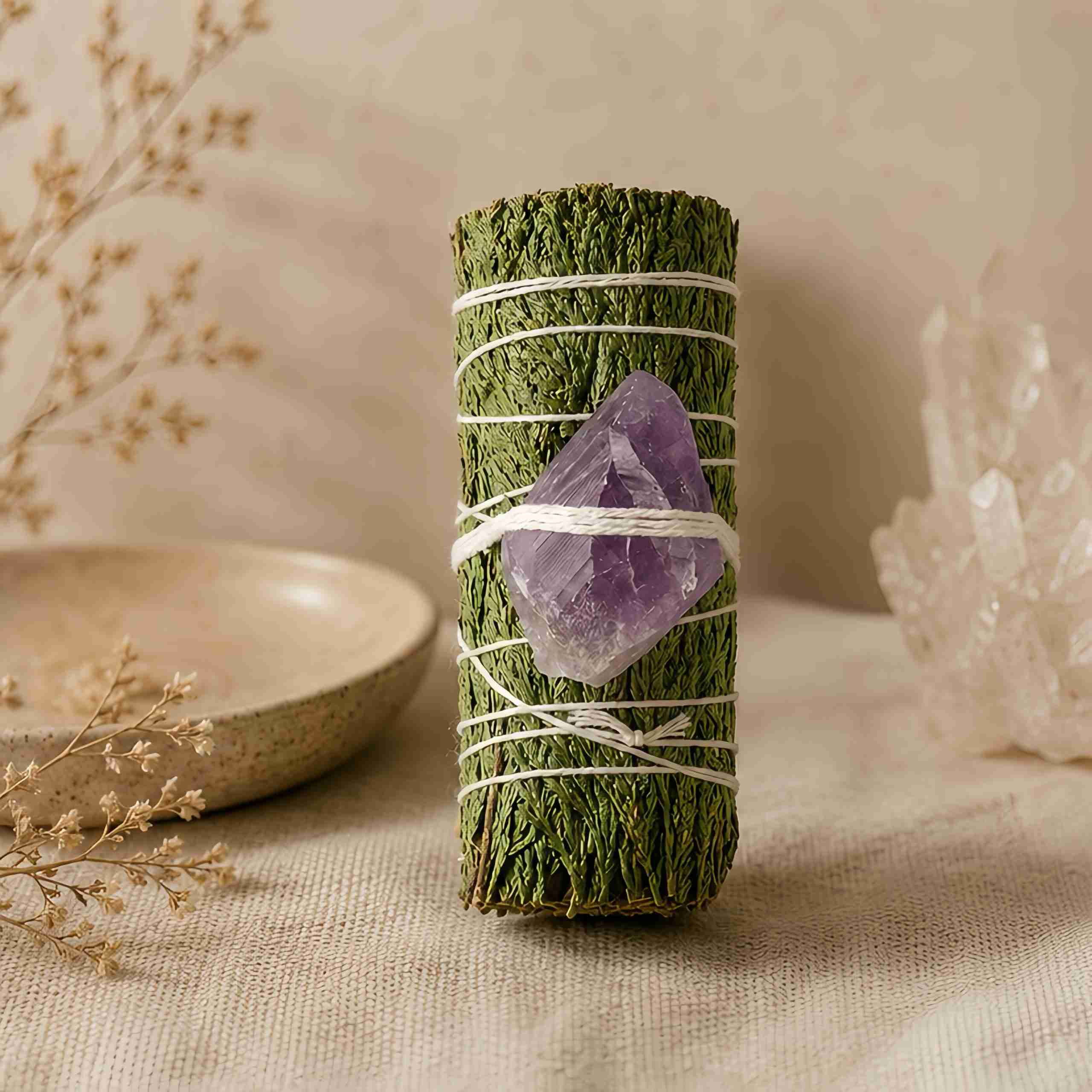 Cedar Smudge Bundle with Raw Amethyst Crystal