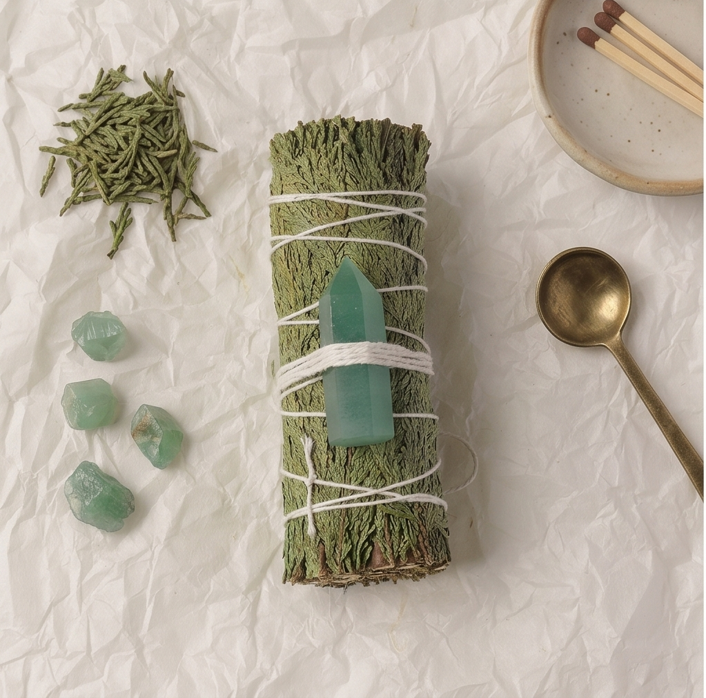 Cedar Smudge Bundle with Green Aventurine Crystal Prism - Image 2