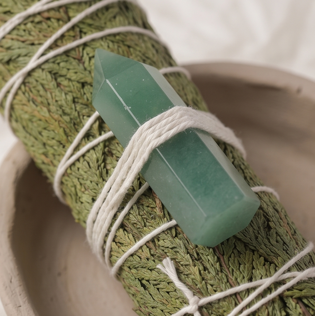 Cedar Smudge Bundle with Green Aventurine Crystal Prism - Image 3